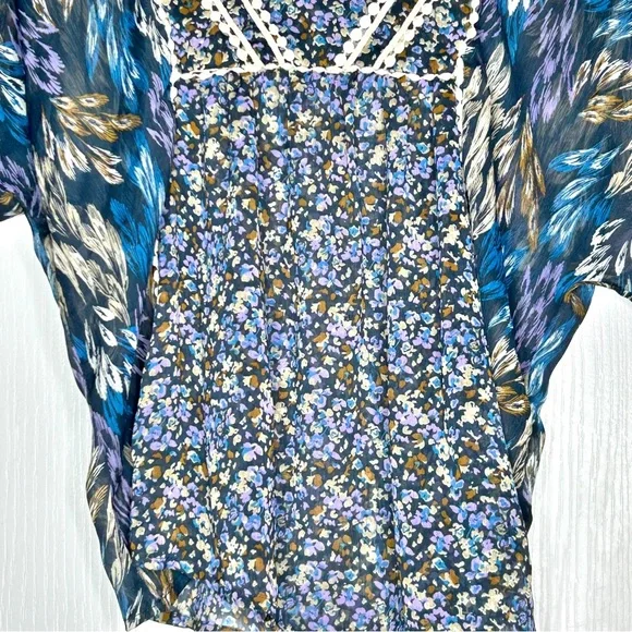 Xhilaration Sheer Blue Floral Boho Peasant Blouse Top Mini Pom Pom Trim Medium - Picture 3 of 9